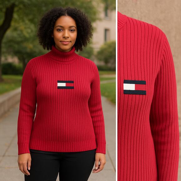 TOMMY HILFIGER XL Red Rib Knit Turtleneck Y2K Flag Logo Sweater Preppy Quietlux - Picture 2 of 13